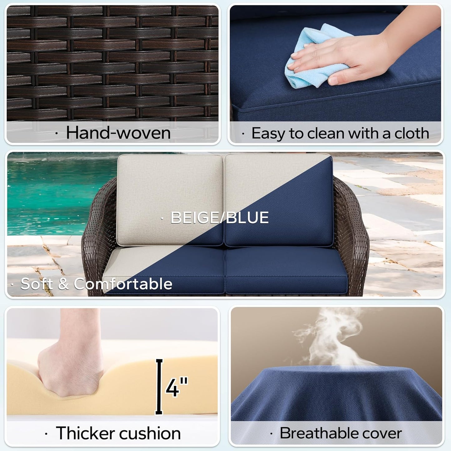 55" Outdoor Loveseat Wicker 2-seat Sofa with Removable Cushions, Conversation Patio Furniture, PE Rattan Couch, Steel Frame Couch with Cushions for Backyard, Deck (Navy Blue)