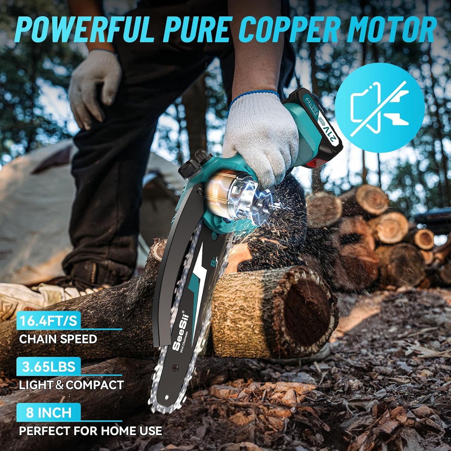 SEESII Mini Chainsaw 8 inch,Cordless Chainsaw w/ 2pcs 2000mAh Batteries,Oiler System & Replacement Chain,Handheld Chain Saw w/Safety Lock,Battery Powered Chain saw for Wood Tree Cutting,CH820+