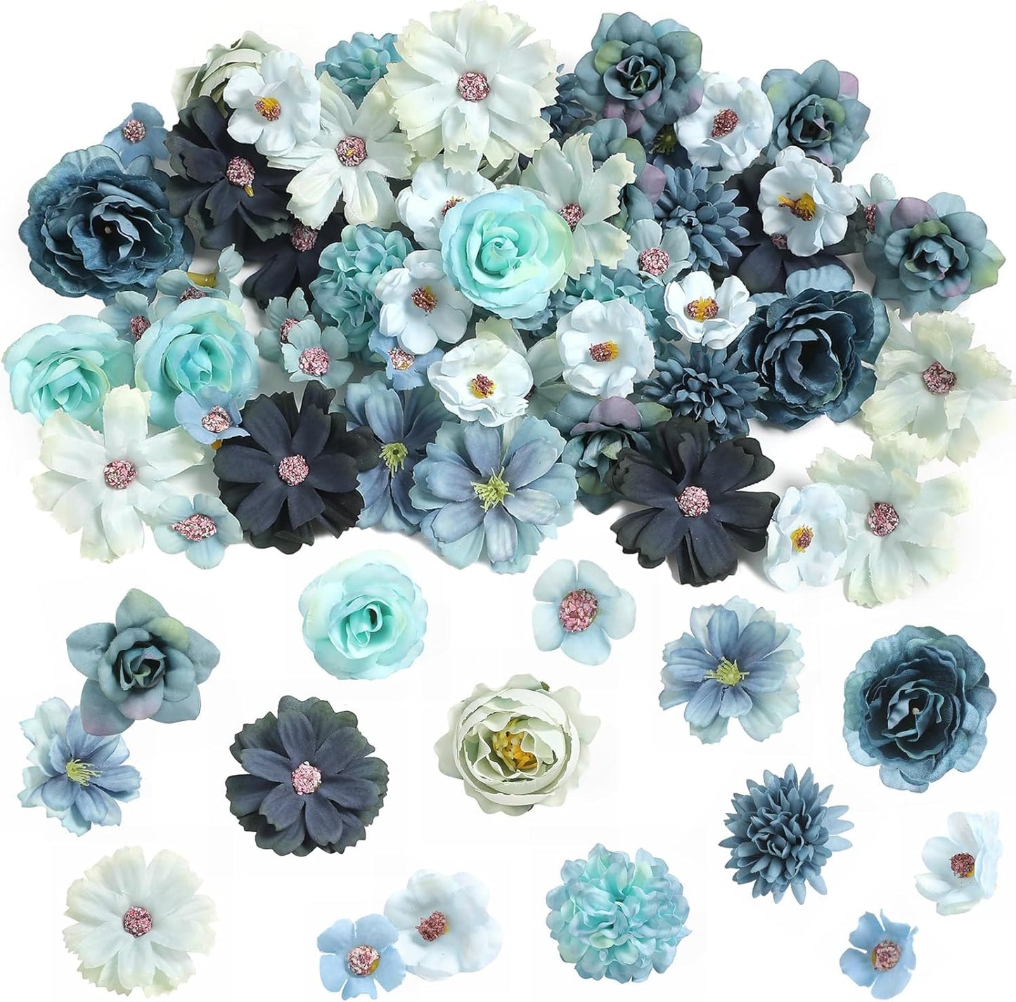 Faux Flower Heads Small Silk Artificial Flower DIY Fake Mini Flowers Rose Daisy Multicolor Flowers Craft Supplies for Wedding Party Wreath Graduation Season Party Home Decor (45, Blue)