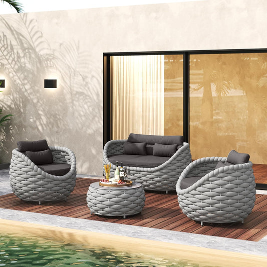TWT 4 Pieces Aluminum Patio Furniture Set, Modern Outdoor Patio Furniture with Coffee Table, No Assembly Required Outdoor Conversation Set with Dark Grey Cushions for Balcony, Porch, Lawn