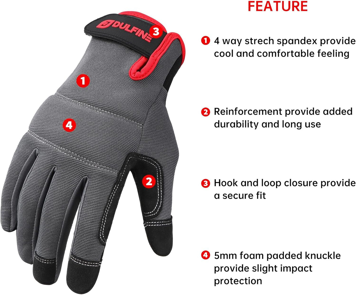 DULFINE Flex Grip Mechanic Work Gloves for Men,Black and Red Utility Safety Working Gloves Touch Screen,Excellent Grip,Ideal for Working on Cars and Outdoor Jobs(Large)