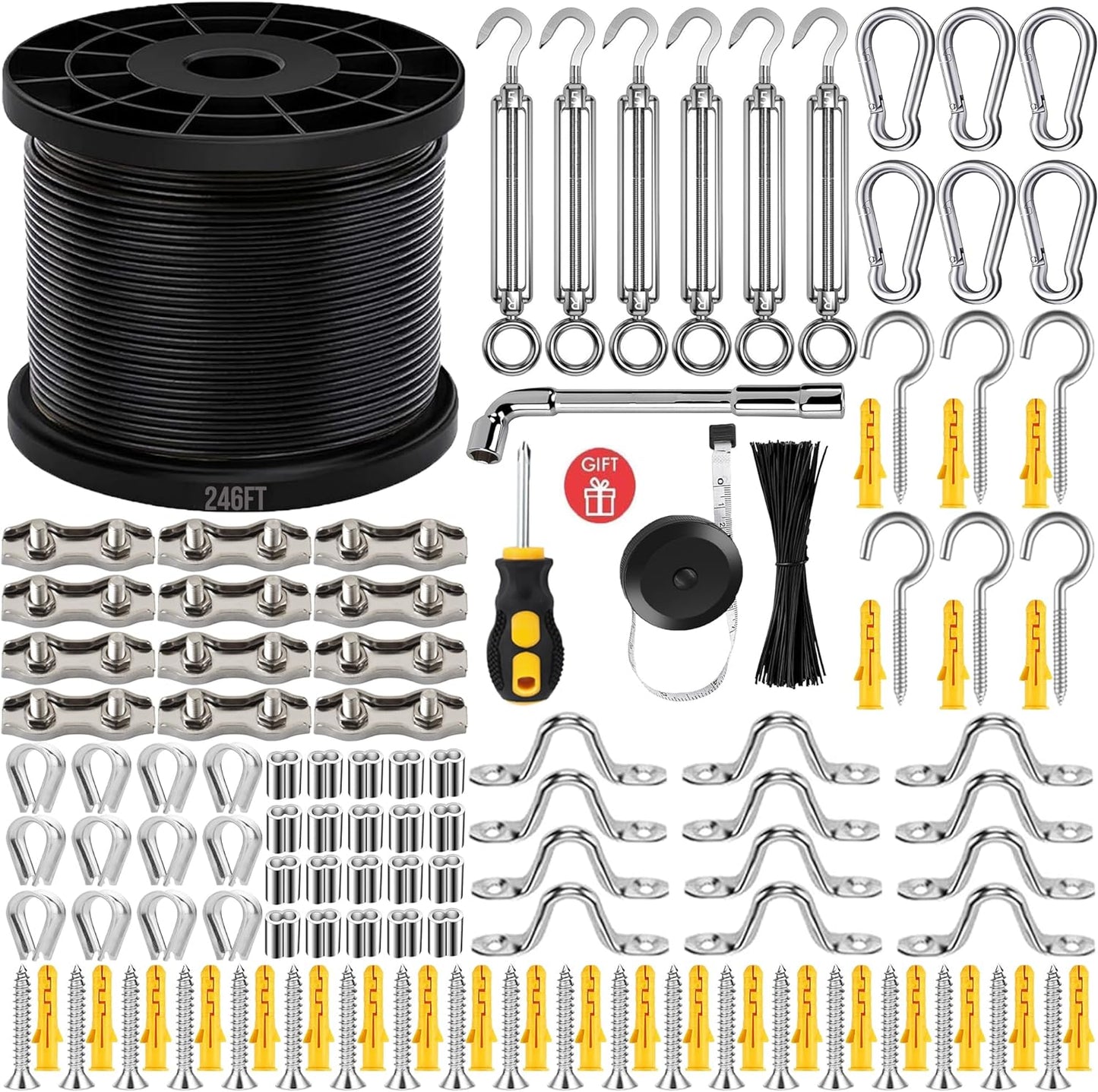 246FT Black Vinyl Coated 304 Stainless Steel Wire Rope Cable Kit – Heavy Duty Outdoor String Light Hanging Guide Wire with M5 Turnbuckle for Patio, Garden, Christmas Lights