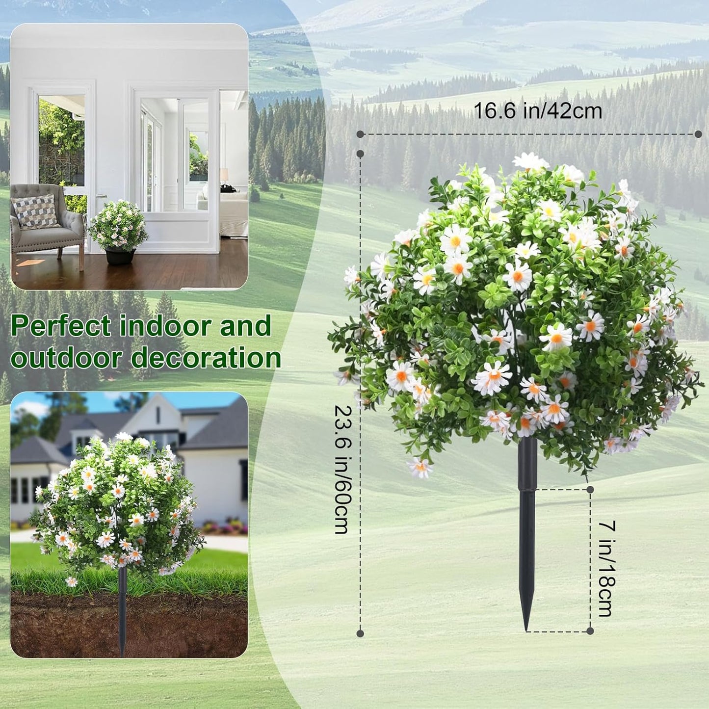 23.6" Artificial Boxwood Topiary Ball Trees with White Flowers, Set of 2 UV Resistant No Fade Outdoor Faux Plants with Ground Spike, Fake Shrubs for Garden, Patio, Porch, Yard, Indoor Decor