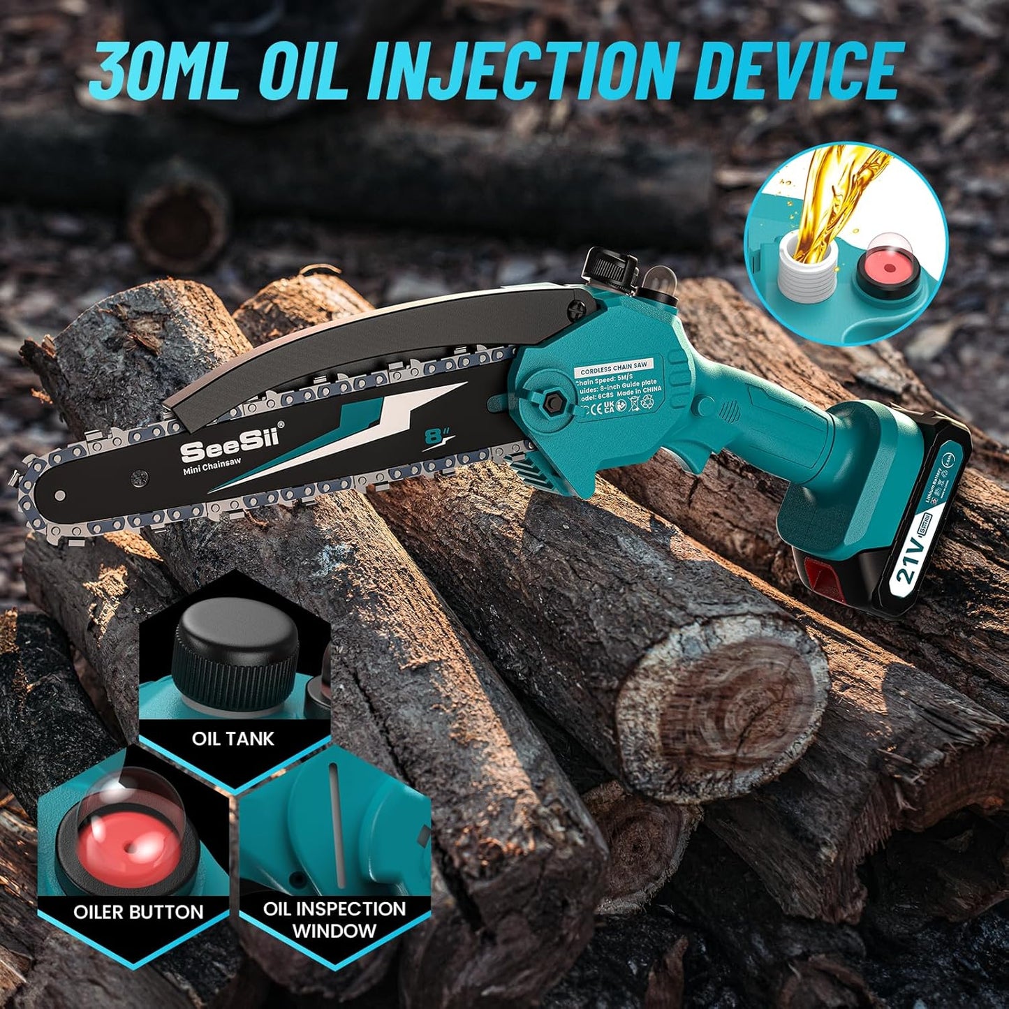 SEESII Mini Chainsaw 8 inch,Cordless Chainsaw w/ 2pcs 2000mAh Batteries,Oiler System & Replacement Chain,Handheld Chain Saw w/Safety Lock,Battery Powered Chain saw for Wood Tree Cutting,CH820+