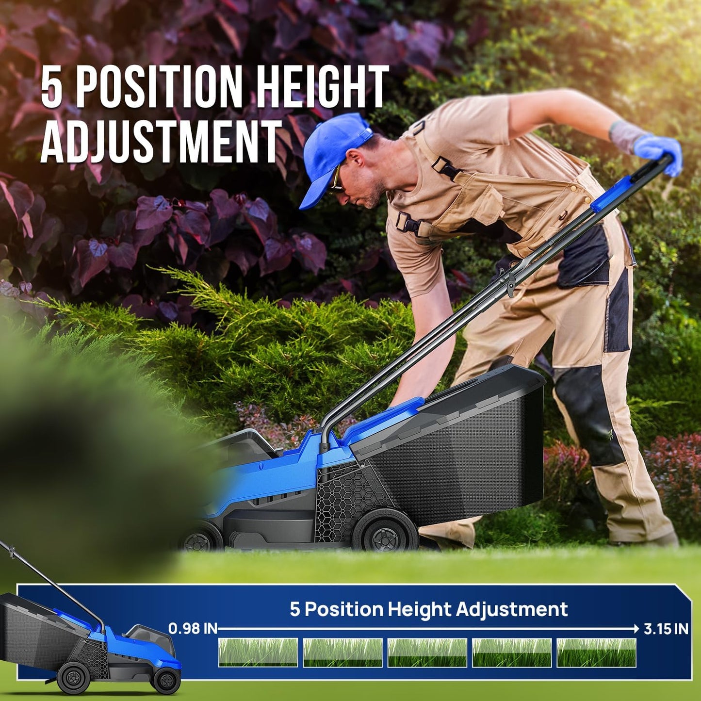 Wild Badger Power Electric Lawn Mower 40V Brushless 14" Cordless&Push, 5 Cutting Height Adjustment, 4Ah Battery and Super Charger, Blue