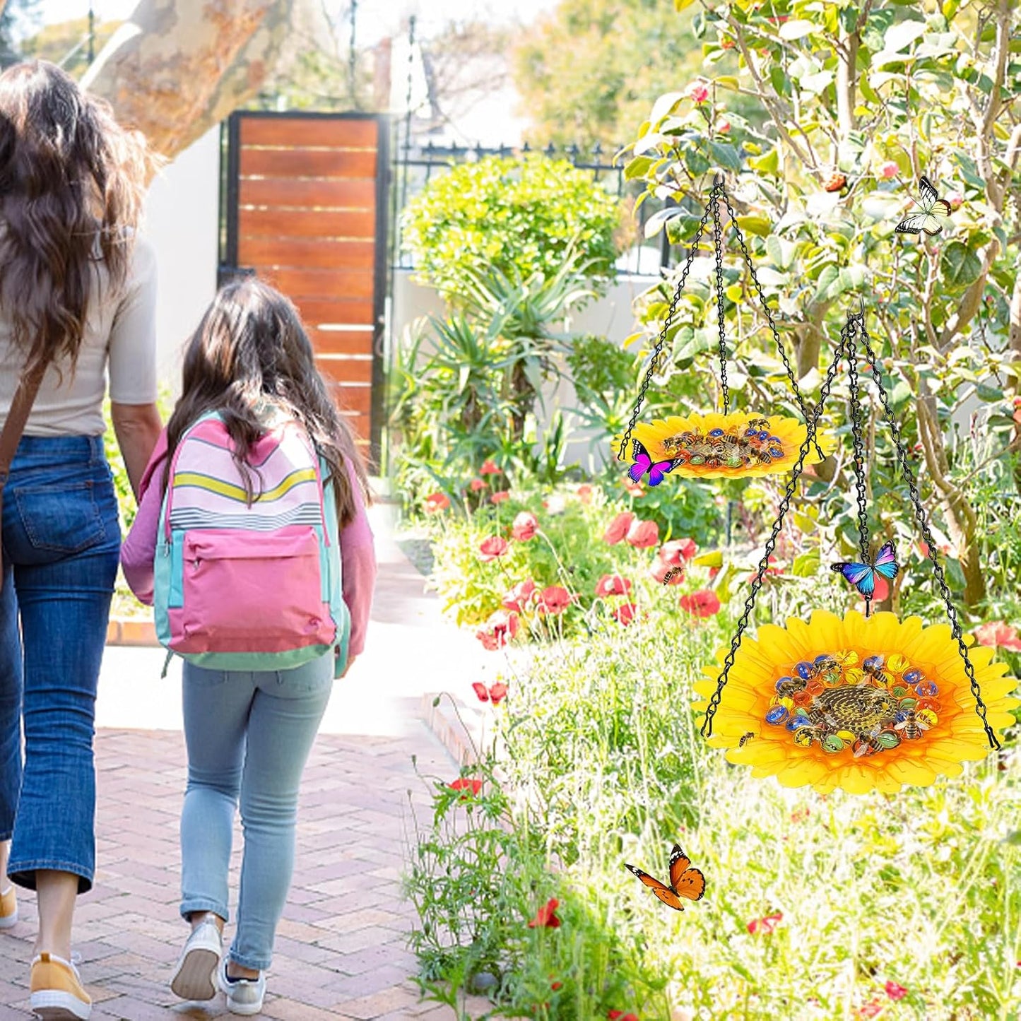 Bee Watering Station for Garden, Bee Bath Feeders for Outside with Vivid Flower Design, Hanging Butterfly Bath Bowl with Glass Balls for Outdoor Courtyard Decoration (2Pcs-Yellow)