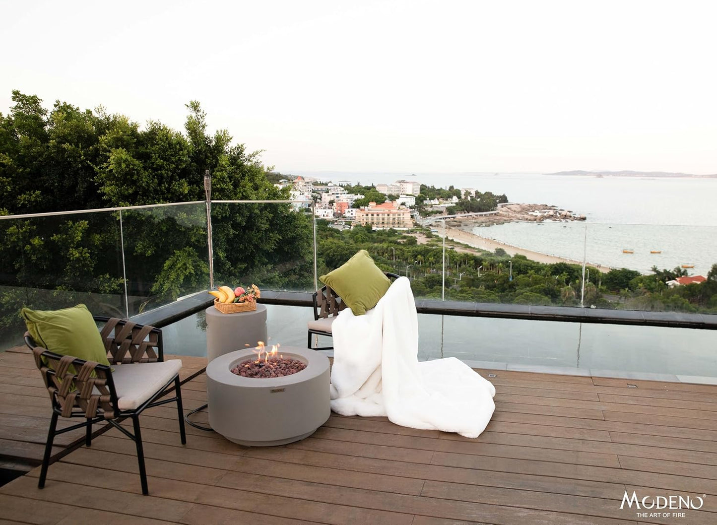 AMS Fireplace | Modeno Waterford Package | Light Gray Natural Gas Fire Pit Table for Outside Patio Bundle with Wind Guard, SS Burner Lid | Free Ice Bucket & Rubber Mat