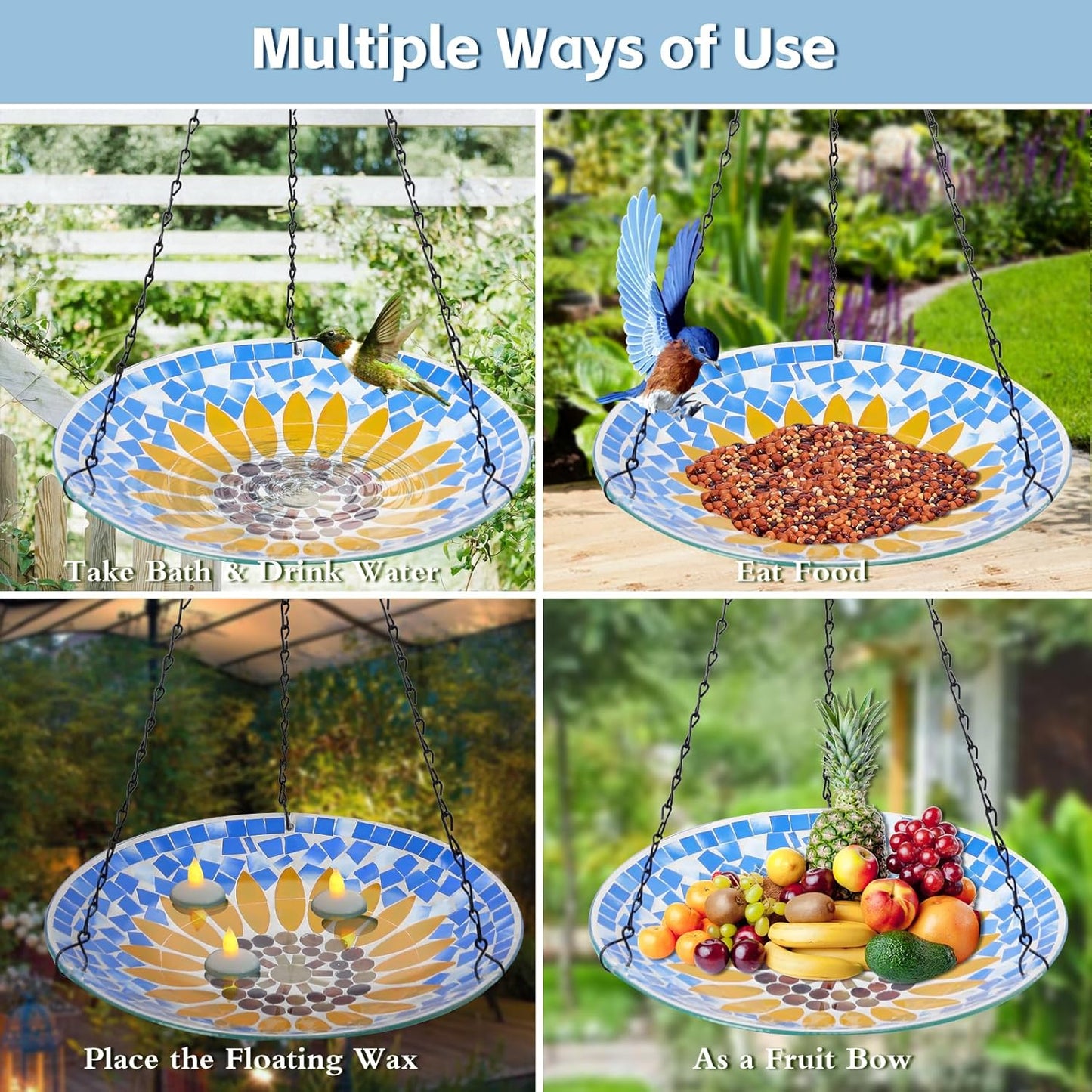 MUMTOP Mosaic Hanging Bird Bath-Bird Baths for Outdoors - 12 Inch Glass Birdbath Bird Water Bowl Bird Feeders for Outside, Garden, Lawn Yard Decor（Sunflower）