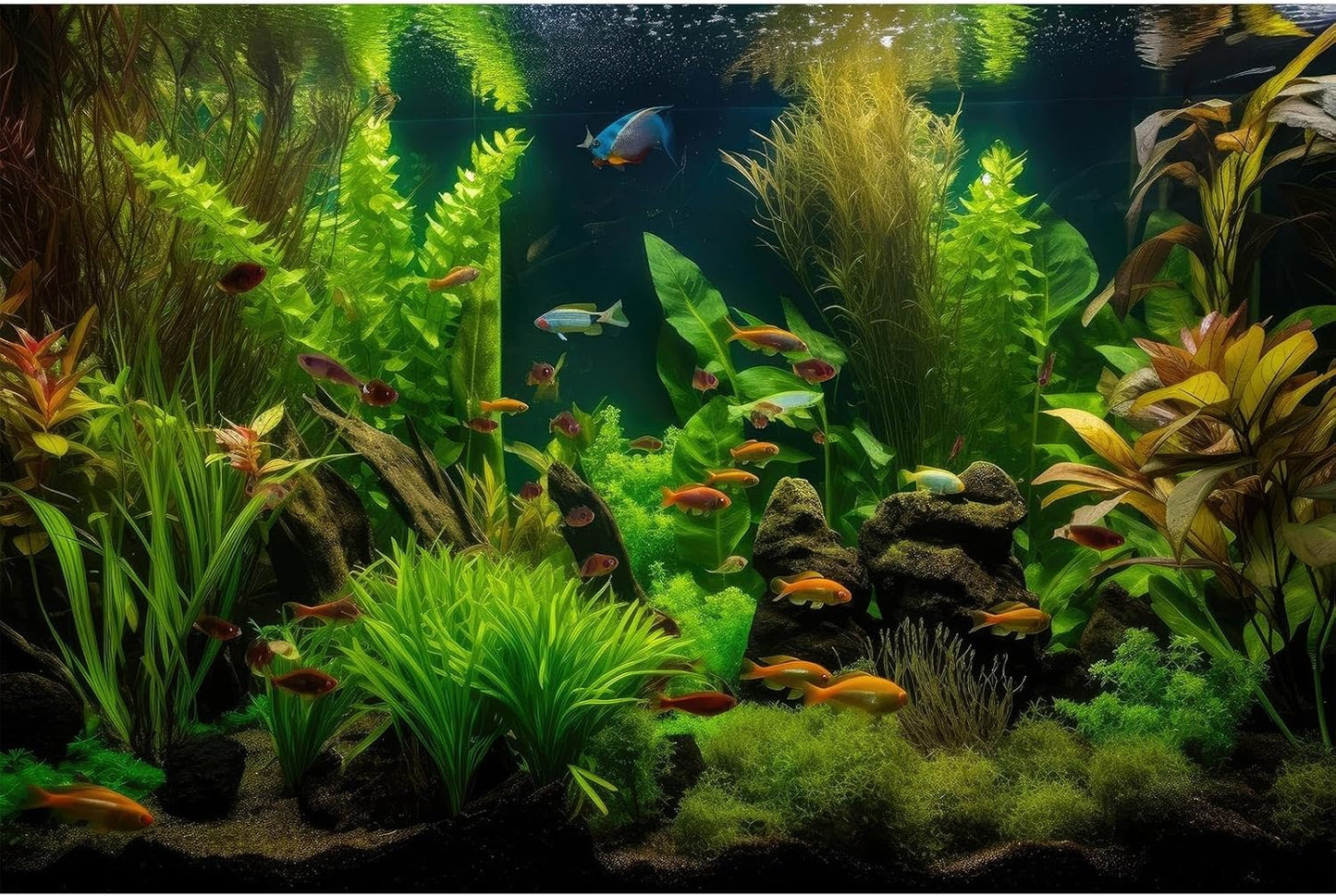 Aquarium Background Tropical Freshwater Colorful Fish Plants Fish Tank Background Tranquil Under The Sea Aquatic Plants Cork Redwood Root Lush Green Moss Reptile Tank Terrarium Background 24x16in