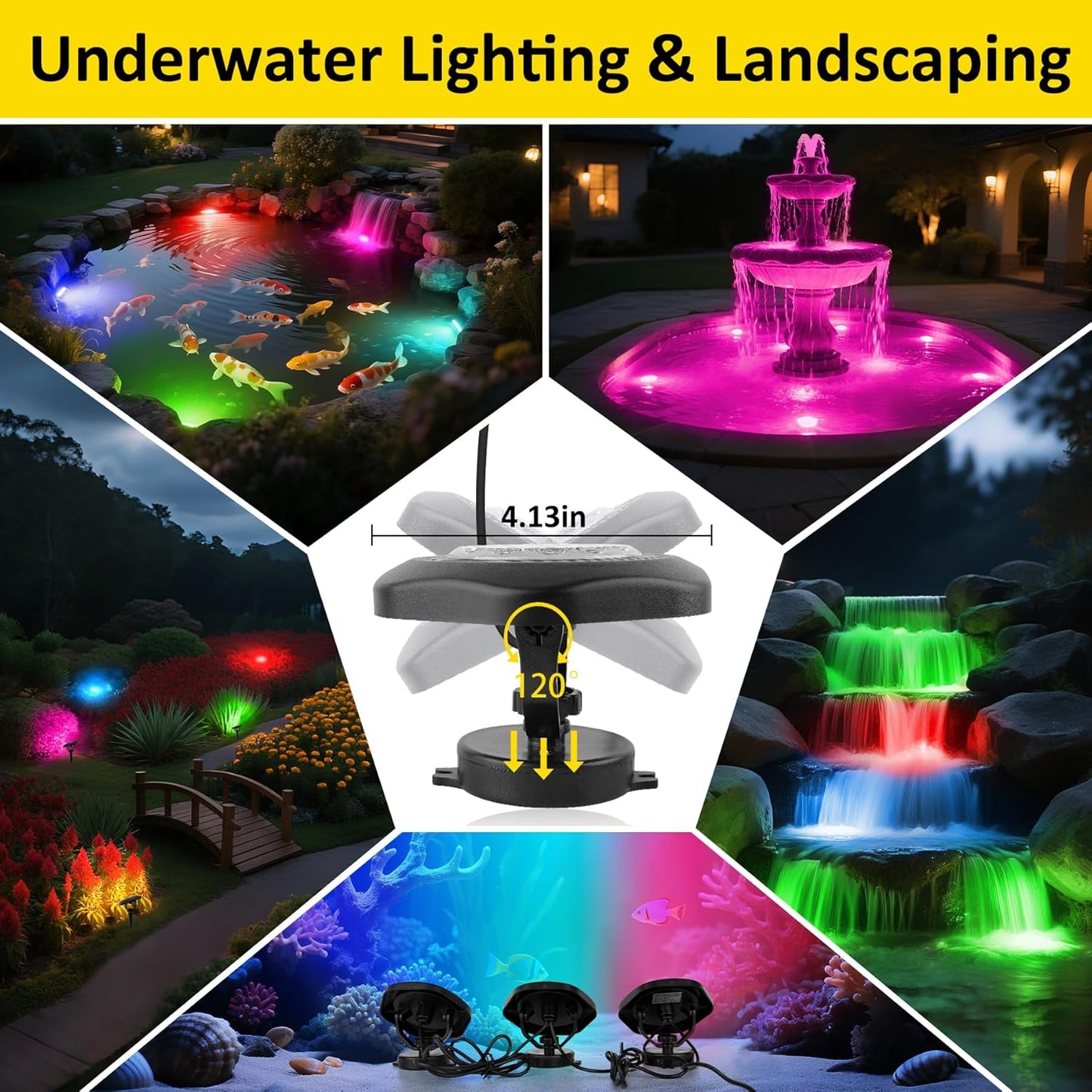 T-SUN Color Changing Underwater Pond Lights, IP68 Waterproof Fountain Lights Dimmable Timer Submersible LED Landscape Spotlights for Outdoor Koi Fish Tank Aquarium Garden(Set of 5)