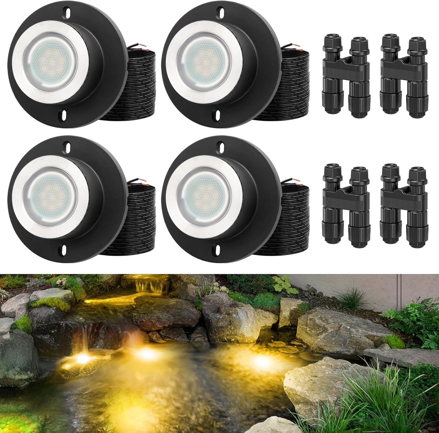 HIBOITEC Pond Lights 3W LED IP68 Waterproof Underwater Lights with UL Cord Warm White 2700K Low Voltage Landscape Lighting for Fountain Pool Compatible 12-24V AC/DC 4Pack