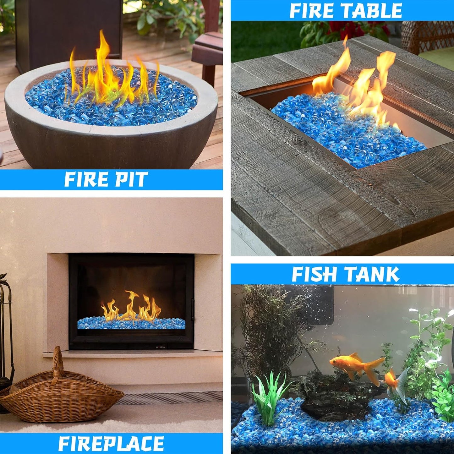 Fire Glass for Propane Firepit, Fireplace and Outdoor Decorative, Caribbean Blue Fire Pit Rocks 10LB, 1 Inch Diamond High Luster Glass Beads