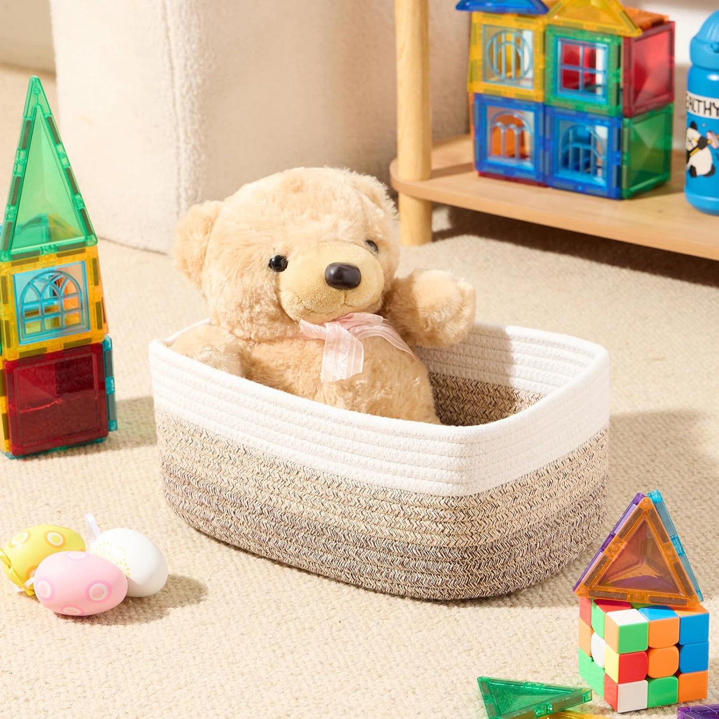 Small Storage Baskets for Organizing | Closet Organizer Bins | Shelf Toy Basket | Woven Rope Baskets | Cube Decorative Box | Shallow Basket |11.5x7.5x4.7”| 3 Packs Gradient Brown