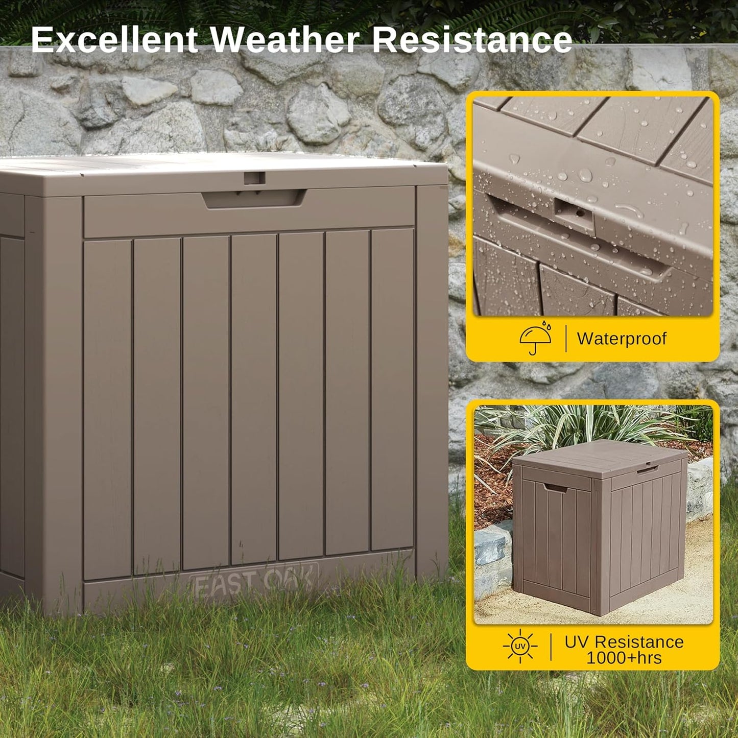 EAST OAK Outdoor Storage Box, 31 Gallon Deck Box, Waterproof Resin Storage Bin for Patio Cushions, Gardening Tools, Accessories, Lockable, UV Resistant, Brown