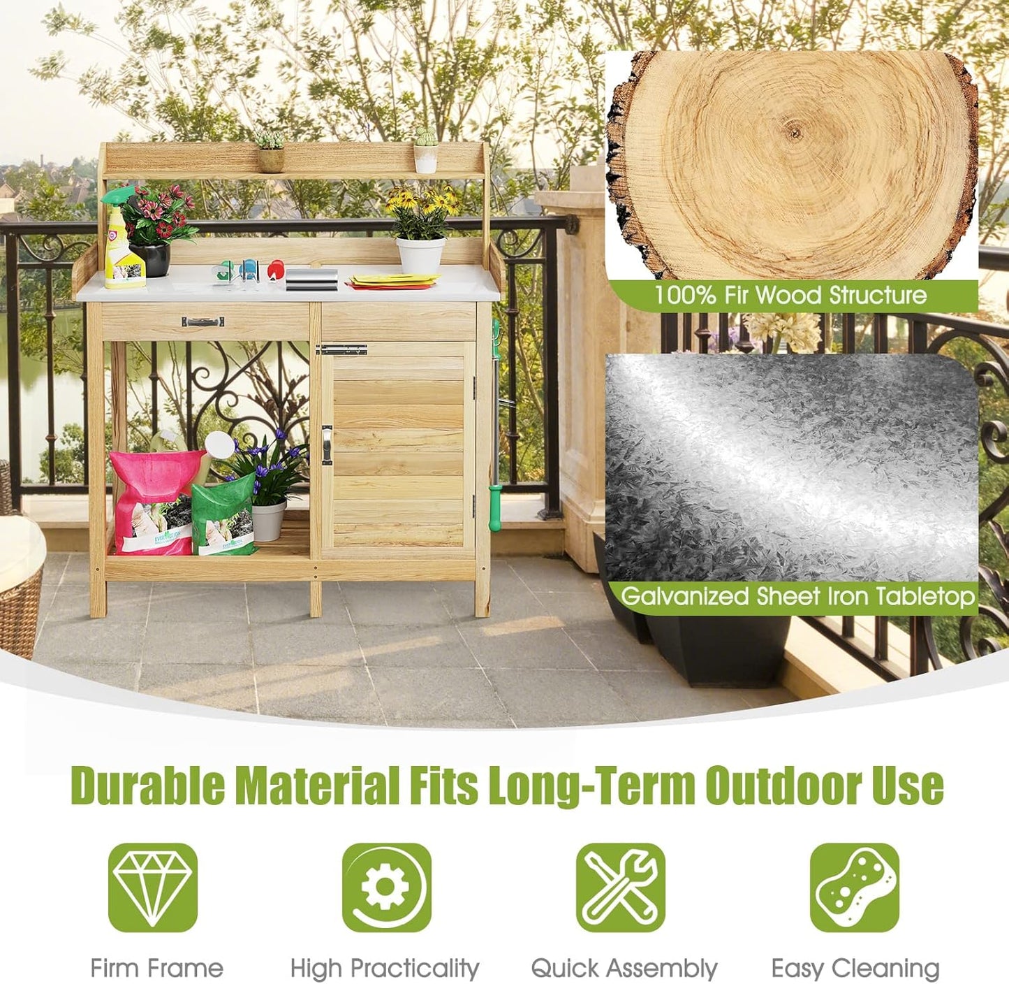 S AFSTAR Outdoor Potting Bench Table, Wooden Garden Work Station with Drawer, Storage Cabinet, Open Shelf, Side Hooks, Metal Tabletop Gardening Workbench, Potting Benches for Outside Backyard Balcony