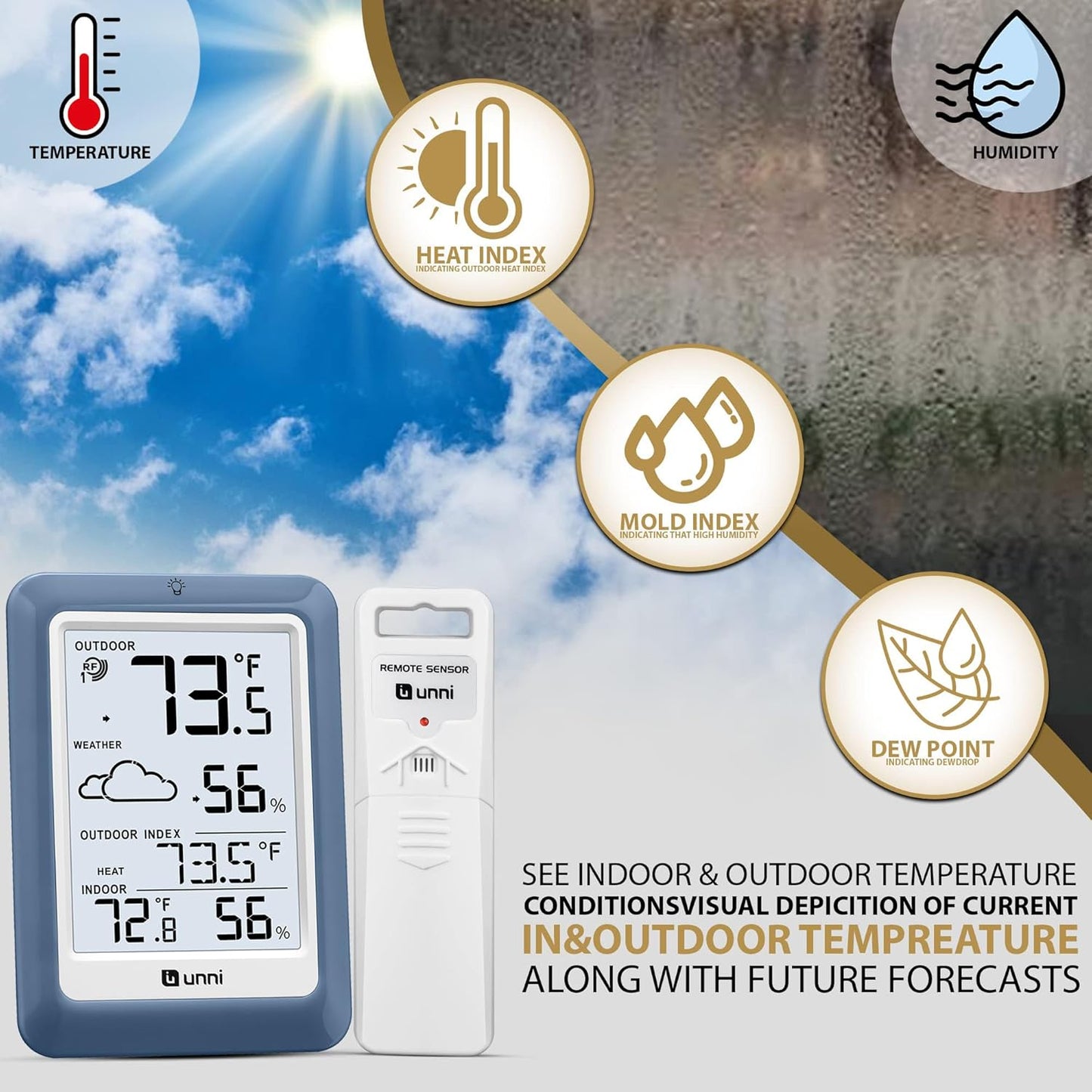 Indoor Outdoor Thermometer Hygrometer Wireless Weather Station, Temperature Humidity Monitor Battery Powered Inside Outside Thermometers with 330ft Range Remote Sensor(Blue)