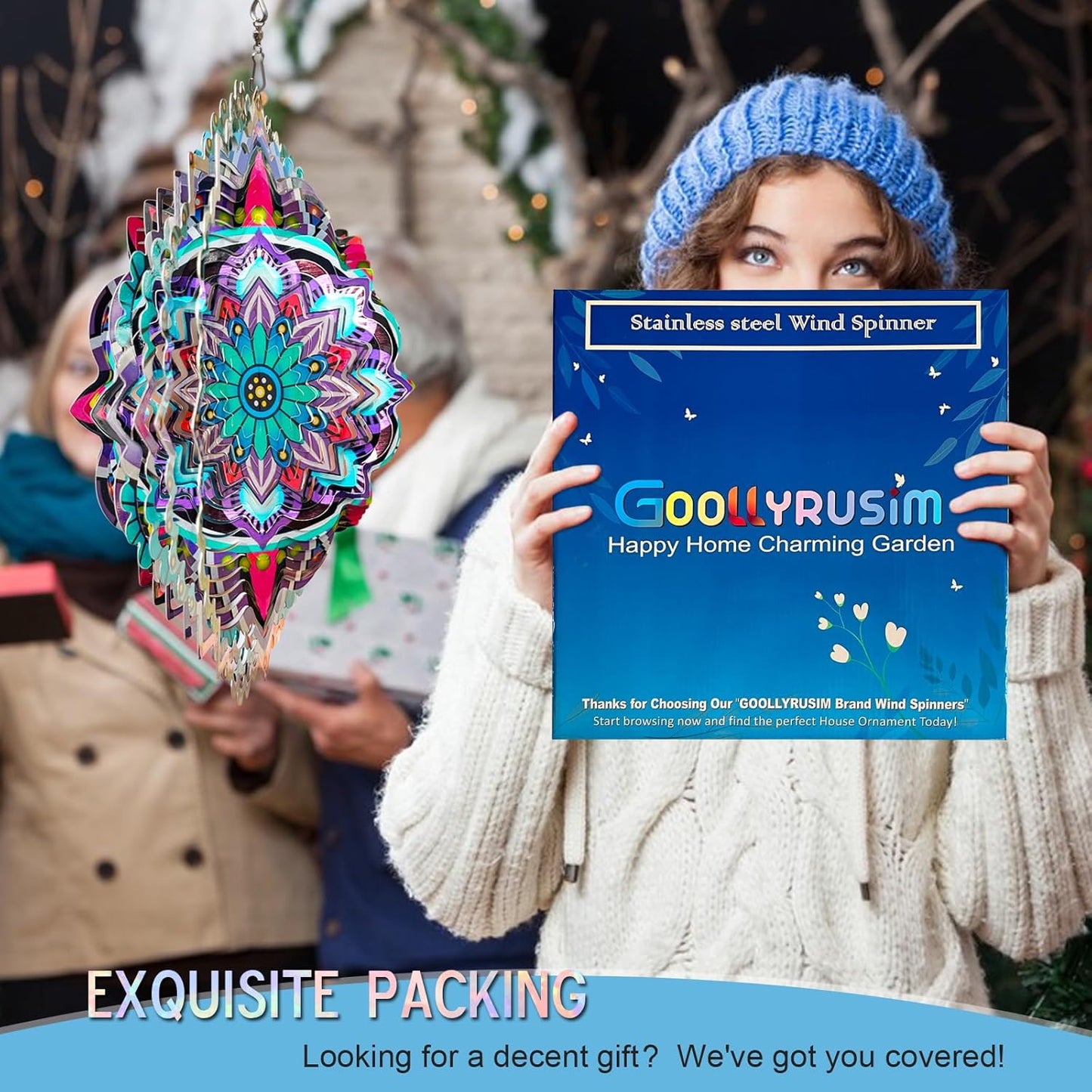 Goolyrusim Wind Spinner Mandala Jasmine, 12Inch Laser Cut Stainless Steel Wind Spinners, 3D Hanging Wind Sculptures for Yard and Garden Decoration Outdoor Decor Ornament, Mandala Gifts for Women Men