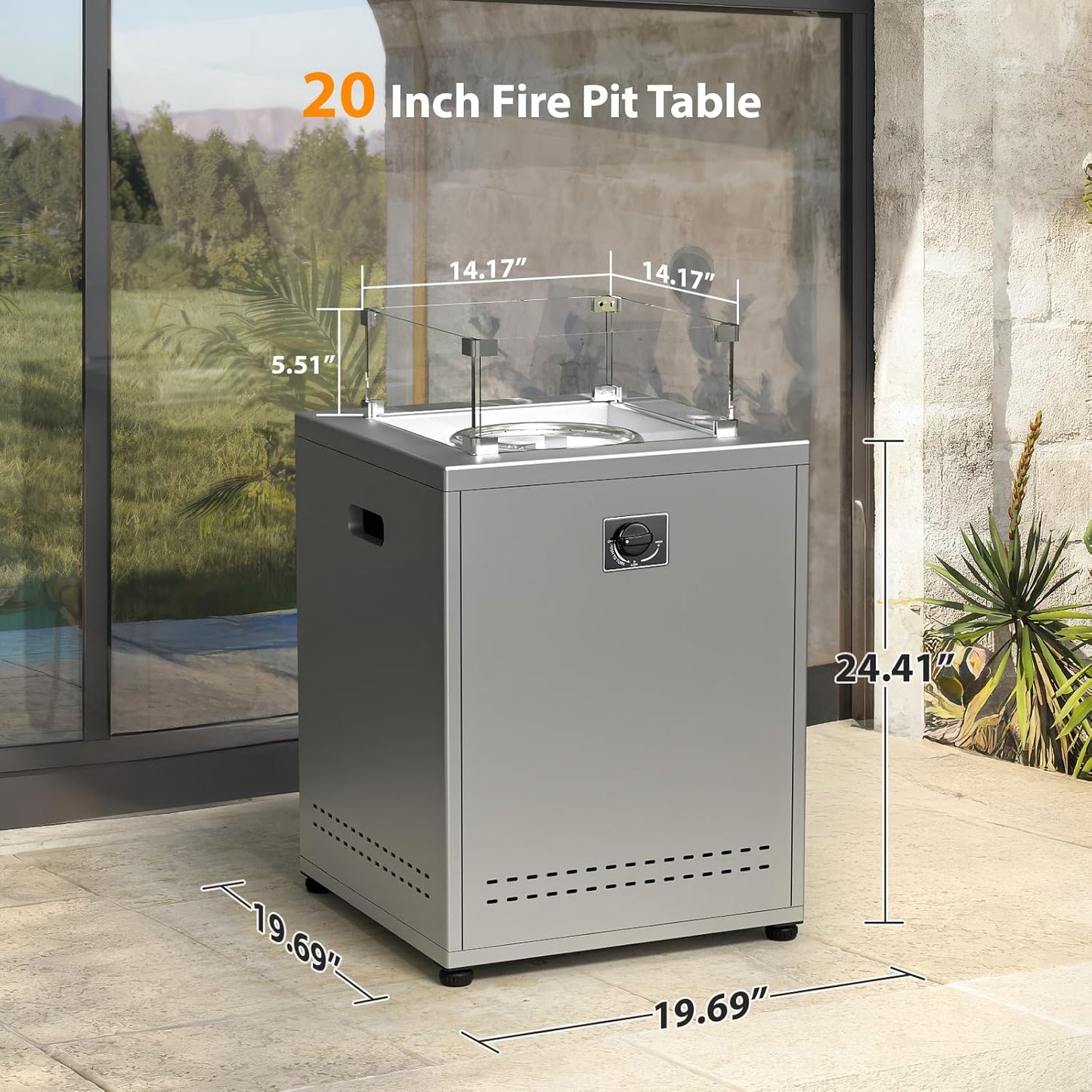 20" Square Smokeless Propane Fire Pit Table, 50,000 BTU Portable Outdoor Patio Heater with Lava Rocks, Glass Wind Guard & Cover for Deck, Backyard, Garden, Camping (Grey)