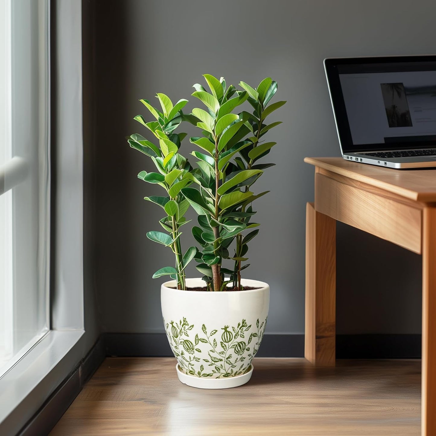 10 Inch Plant Pot - Ceramic Planter with Drainage Hole and Saucer, Boho Round Decorative Flower Pot for Indoor Plants, Housewarming Gifts, Office Garden Home Outdoor Decor, White