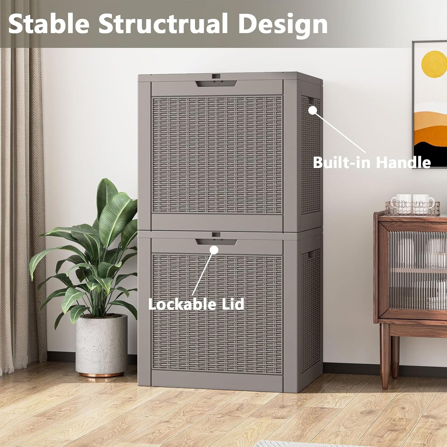 NUNU LAB 30 Gallon Waterproof Resin Deck Box, Lockable Outdoor & Indoor Storage Bench for Patio Cushions, Garden Tools, Pool Accessories & Package Deliveries – Grey