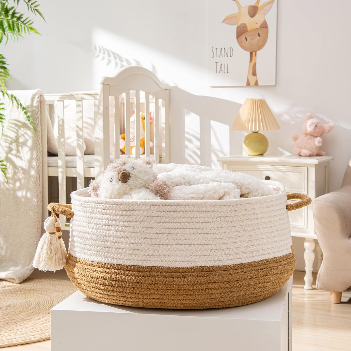 KAKAMAY Woven Baskets for Storage(16"x8"),Blanket Basket for Organizing Living Room,Cotton Rope Basket Woven Baby Laundry Hamper,Collapsible Laundry Room Organization,Clothes,Toy Chest(Brown)