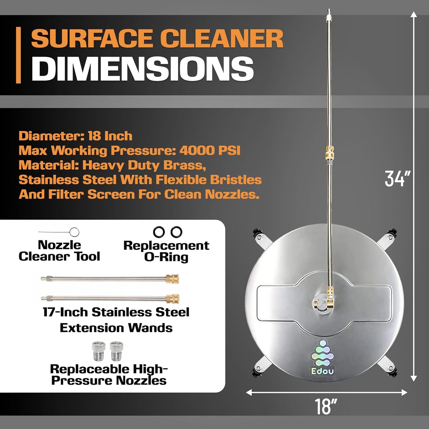 EDOU 18 inch Pressure Washer Surface Cleaner - Stainless Steel Power Washer Attachment - 4,000 PSI Max - Concrete Cleaner with Dual Nozzles and Extension Wands - Silver