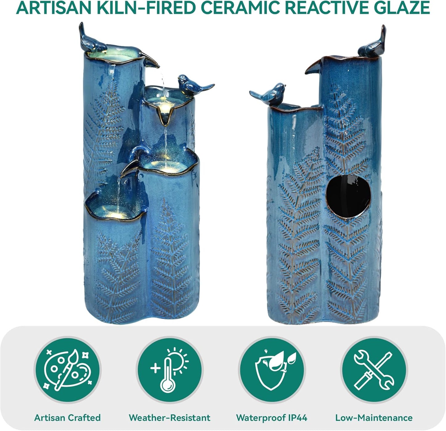 32 Outdoor Water Fountain, Unique Vase Ceramic Fountain withs Lights, 4-Tier Waterfalls with Birds, Tranquil Oasis for Garden Patio Yard Deck Balcony Decor, Tropical Fern, AquavTurquoise
