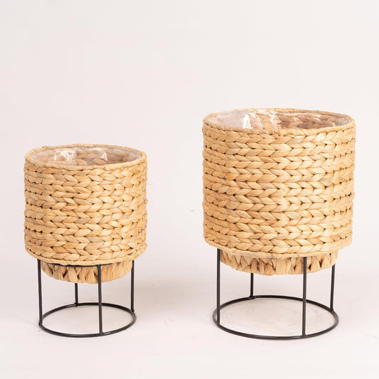 Set of 2 Water Hyacinth Planter Pot with Metal Stand - Indoor Plant, Flower, Succulent, Basket Planter, Decorative Pot Cover (Classic)