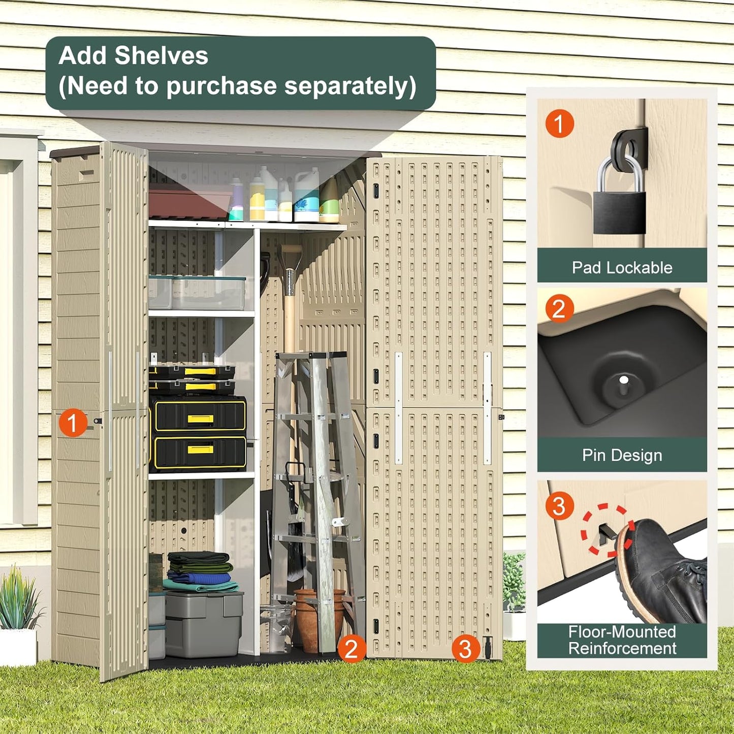 60 Cu.Ft Vertical Outdoor Storage Shed, All-Weather Resin Storage Cabinet Waterproof with Lockable Floor, Tall Backyard Shed for Patio Furniture, Garage, Garden, Pool Accessories, Porch (Khaki)