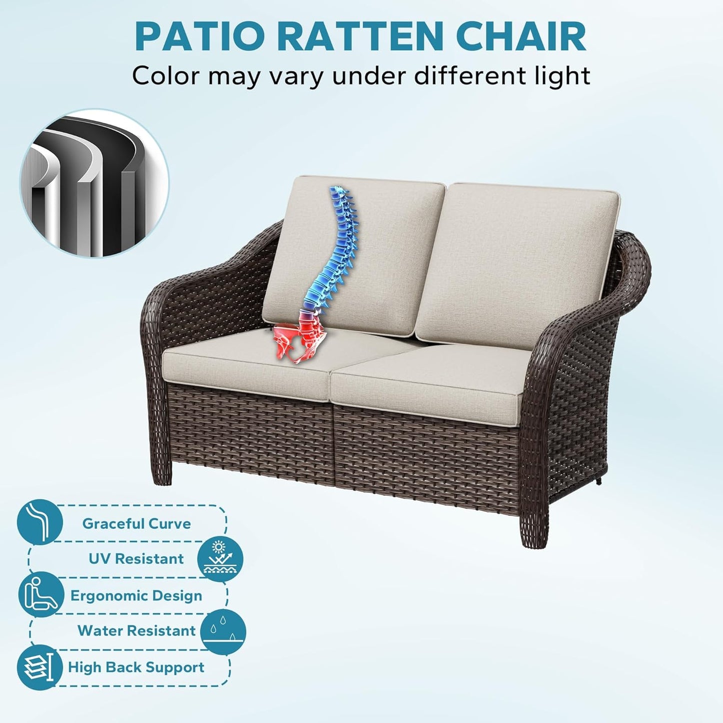 55" Outdoor Loveseat Wicker 2-seat Sofa with Removable Cushions, Conversation Patio Furniture, PE Rattan Couch, Steel Frame Couch with Cushions for Backyard, Deck (Beige)