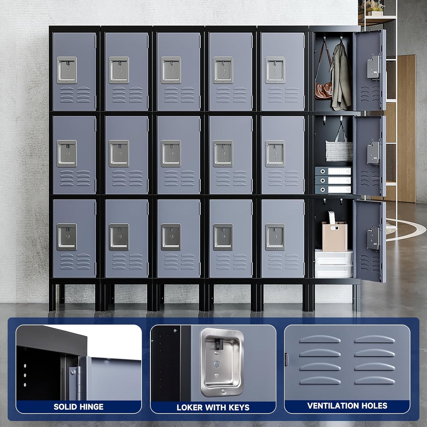 Yizosh Metal Lockers for Employees with Lock, Employees Locker Storage Cabinet with 3 Doors, Tall Steel Storage Locker for Gym, School, Office (Gray Black, 3 Door)