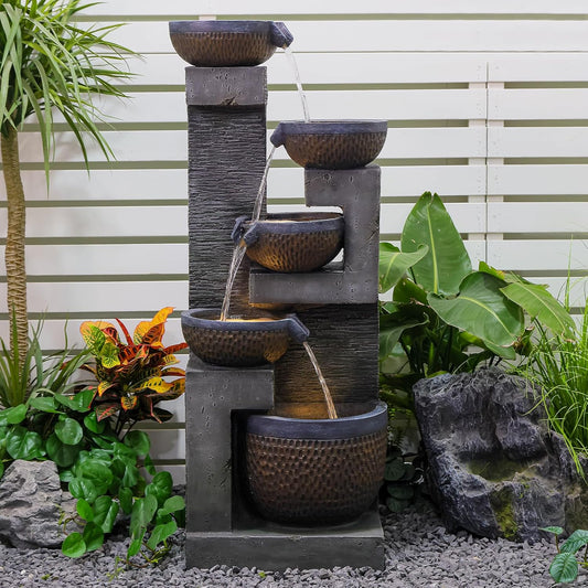 50" H Large Garden Fountains Outdoor, 5-Tier Cascading Rustic Style Bowl Water Fountain and Waterfall Feature with Light and Pump for Garden, Patio, Deck, Porch, Home Décor, Gray&Brown