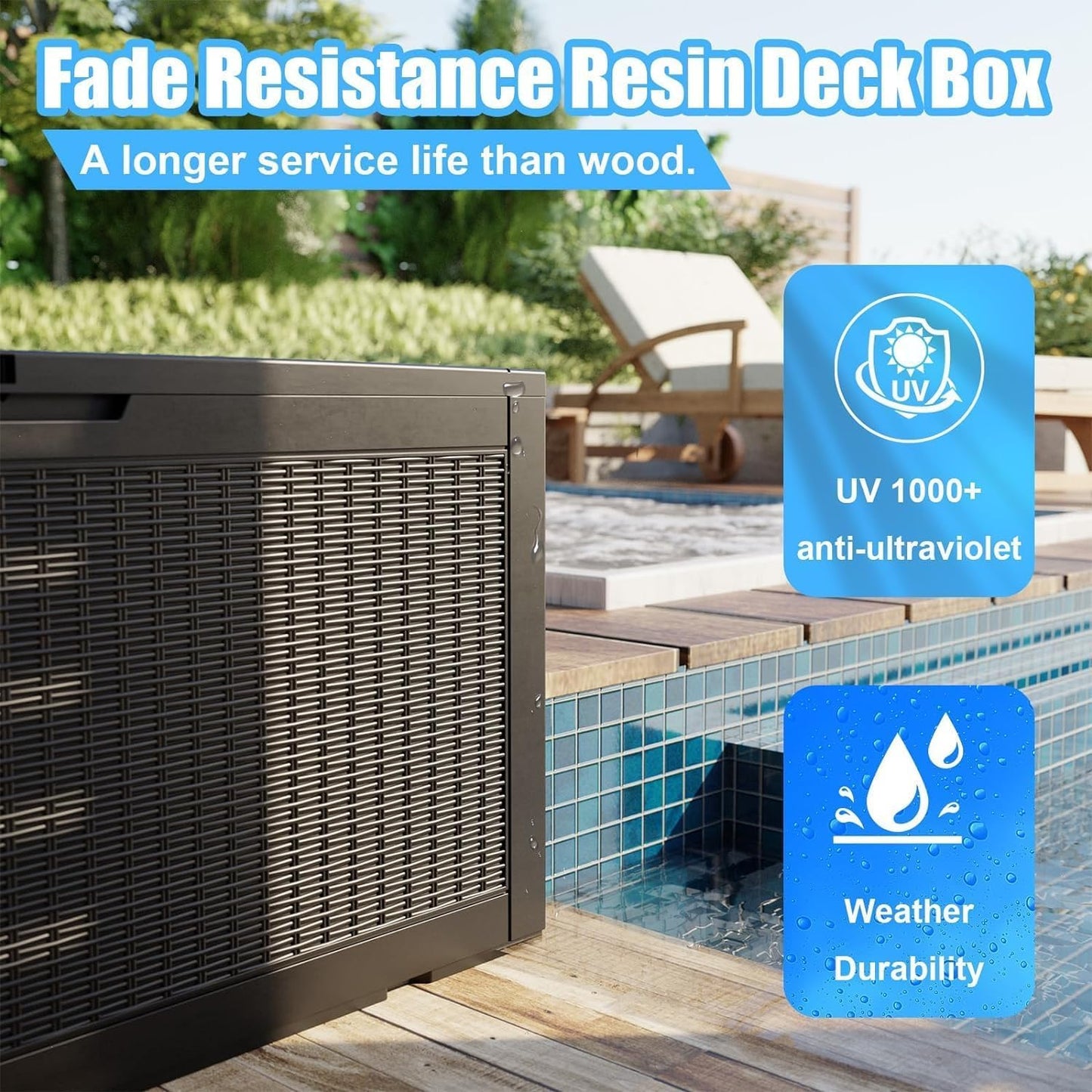 102 Gallon Outdoor Storage Box Waterproof, UV Resistant Resin Deck Box with Hydraulic Rod, Lockable Design and Enhanced Durability for Patio, Garden, and Poolside Use