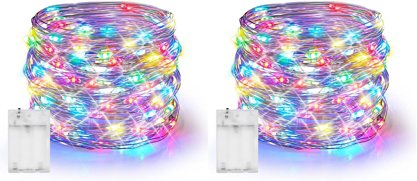 Dazzle Bright Fairy Lights Battery Operated, 2 Pack Total 40FT 120LED Silver Wire Waterproof String Lights, Christmas Decorations for Indoor Outdoor Bedroom Yard Decor, Multi-Colored