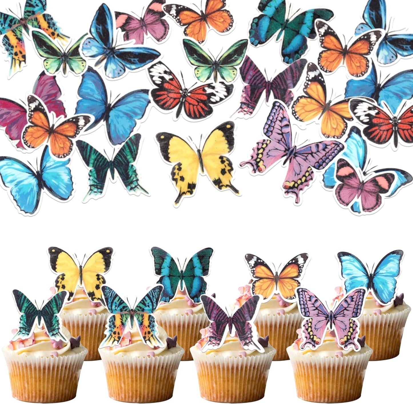 60 PCS Edible Butterfly Cupcake Toppers Wafer Paper Butterflies Cupcake Picks Butterfly Birthday Decorations for Edible Butterflies Theme Birthday Wedding Party Cake Decoration Supplies Colorful