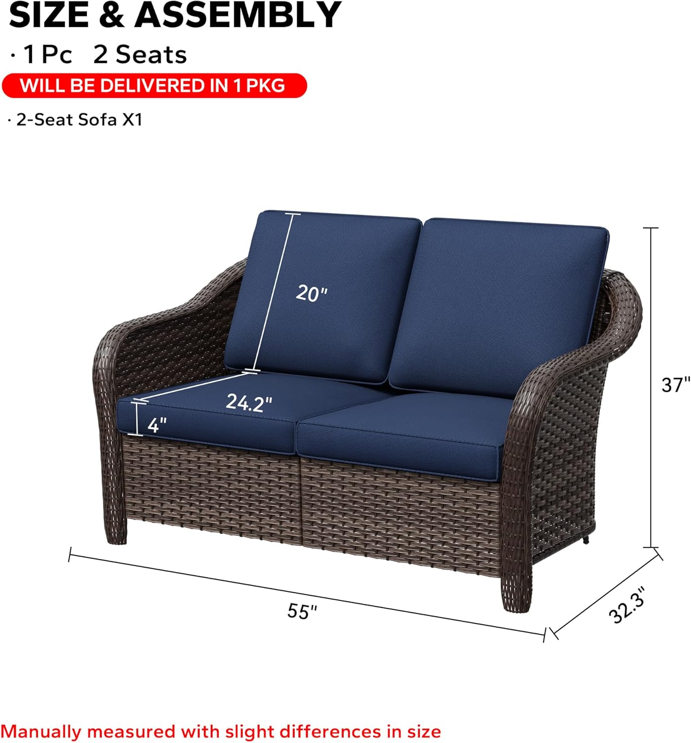 55" Outdoor Loveseat Wicker 2-seat Sofa with Removable Cushions, Conversation Patio Furniture, PE Rattan Couch, Steel Frame Couch with Cushions for Backyard, Deck (Navy Blue)