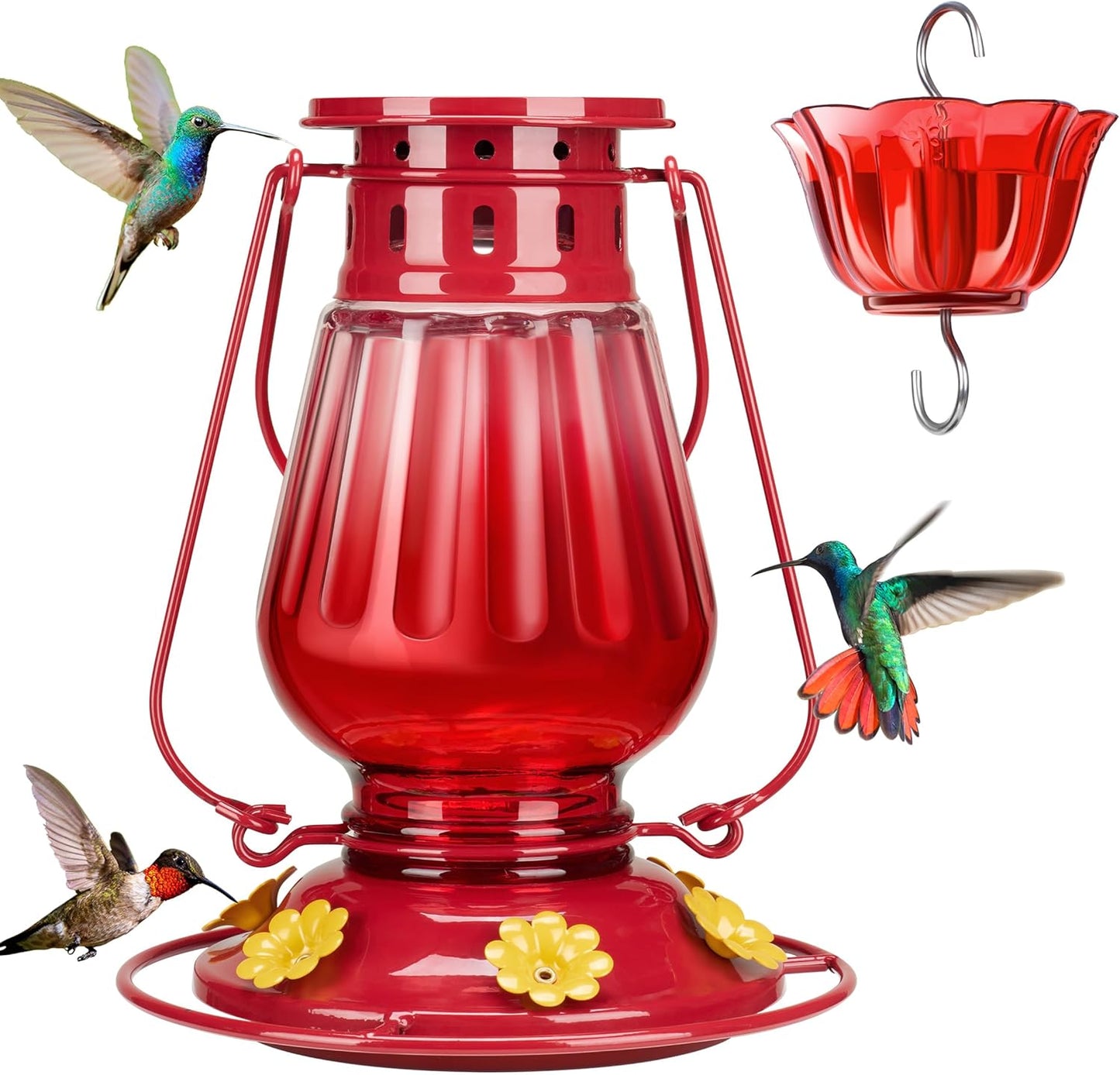 Kingsyard Vintage Glass Hummingbird Feeder Leak Proof Ant Bee Proof Lantern Bird Feeder with 6 Ports Moat, 24 oz Red