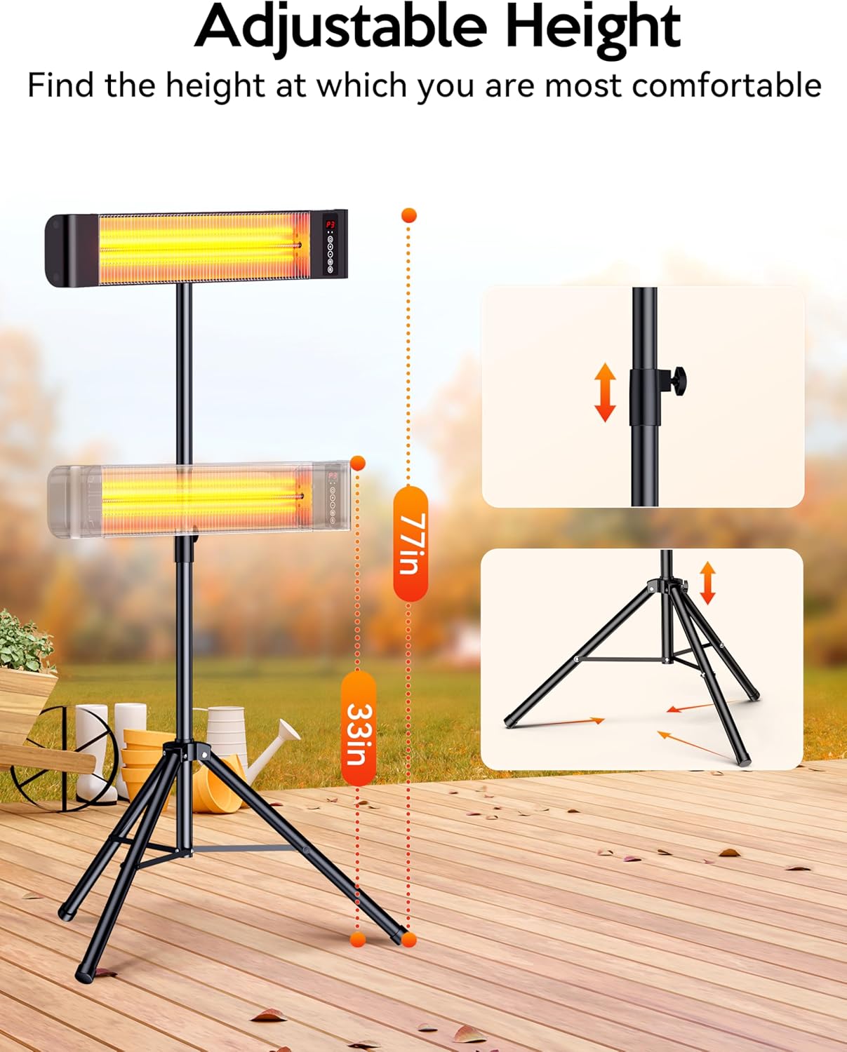 VAGKRI Outdoor Heaters, Electric Infrared Patio Heater with Remote and 12H Timer, IP65 Waterproof, 3 Heat Levels, Wall Mount or Tripod Stand for Home, Office, Patio, Garage