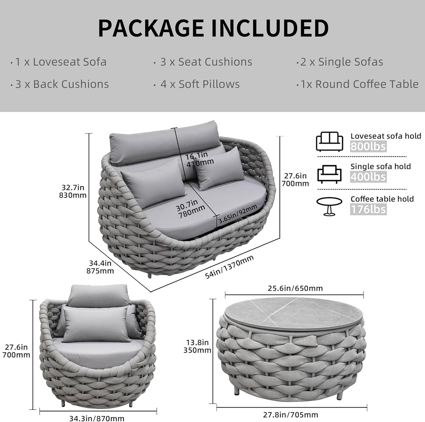 TWT Patio Furniture Sofa Set 4 Pieces Aluminum Outdoor Furniture w/27.8in Coffee Table,Patio Conversation Set with Hand Woven Textilene Rope for Backyard Garden Poolside,Light Gray