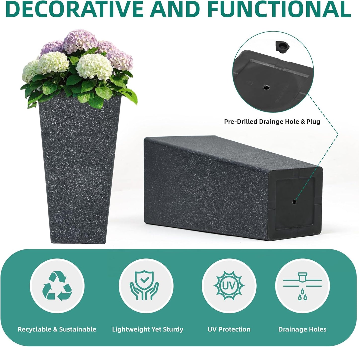 28" Tall V-Shaped Planters Set of 2, Oversized Plastic Flower Pots for Garden Patio Porch or Indoor Home Decor, Weather-Resistant Outdoor Planter Boxes, Hand-Painted Black Terrazzo-Look