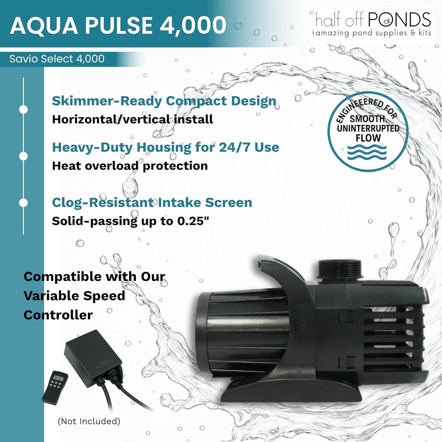 HALF OFF PONDS Savio Select 4,000 GPH Submersible Pump Pond Kit with 15' x 15' PVC Plastic Pond Liner, UV Clarifier for Water Garden & Koi Pond