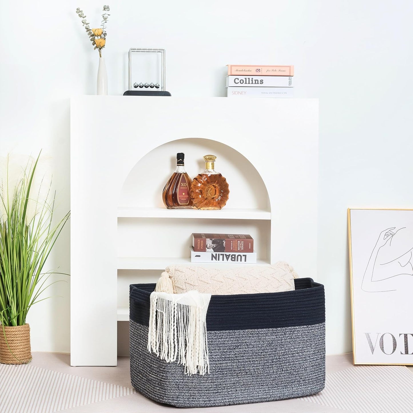 MINTWOOD Design 22in Extra Large Blanket Basket Holder for Living Room, Rectangle Rope Woven Storage Bin with Handles for Laundry, Pool Towels, and Shoes, Dog Toy Box Organizer, Navy Blue