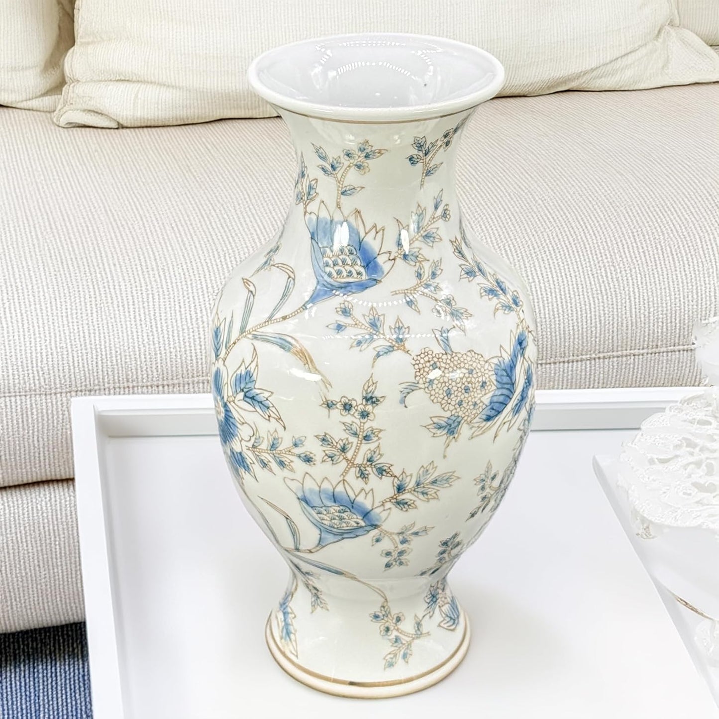 Galt International White & Blue Floral Chinoiserie Ceramic Vase 14" - Hand Painted Antique Style Porcelain Flower Bottle Fishtail Porcelain Chinese Vase for Home Decor Centerpiece