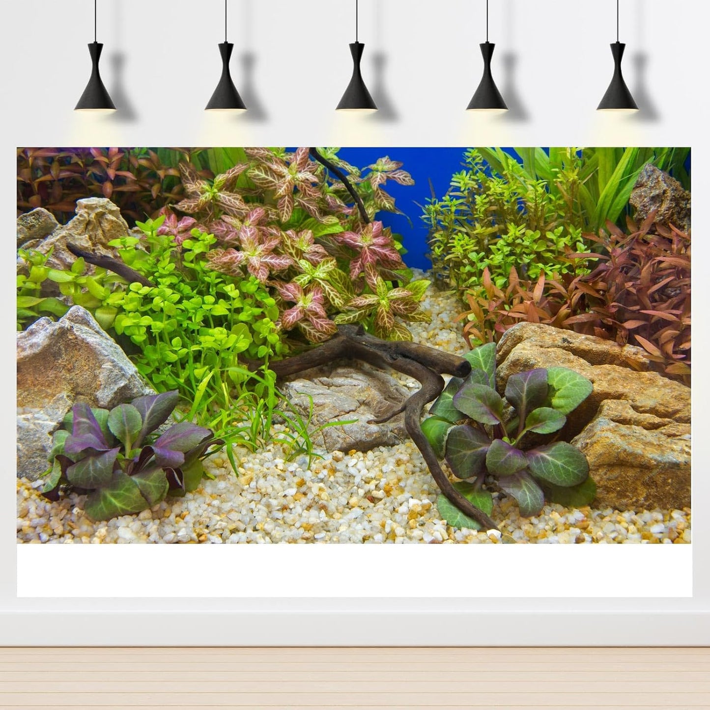 Aquarium Background Various Underwater Grass Plants Pebble Aquarium Backdrop Vivid and Fresh Green Aquatic Plants Stone River Bed and Dead Wood Purple Leaves Tank Background Vinyl 30x18in