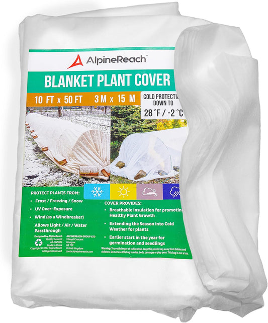 AlpineReach Plant Covers Frost & Sun Protection 10 x 50 ft - Thick 1.2 oz/yd² Freeze Blanket to Low 28 °F Temperatures Floating Row, Garden Fabric Material, Protect in Winter Cold, Gardening Down