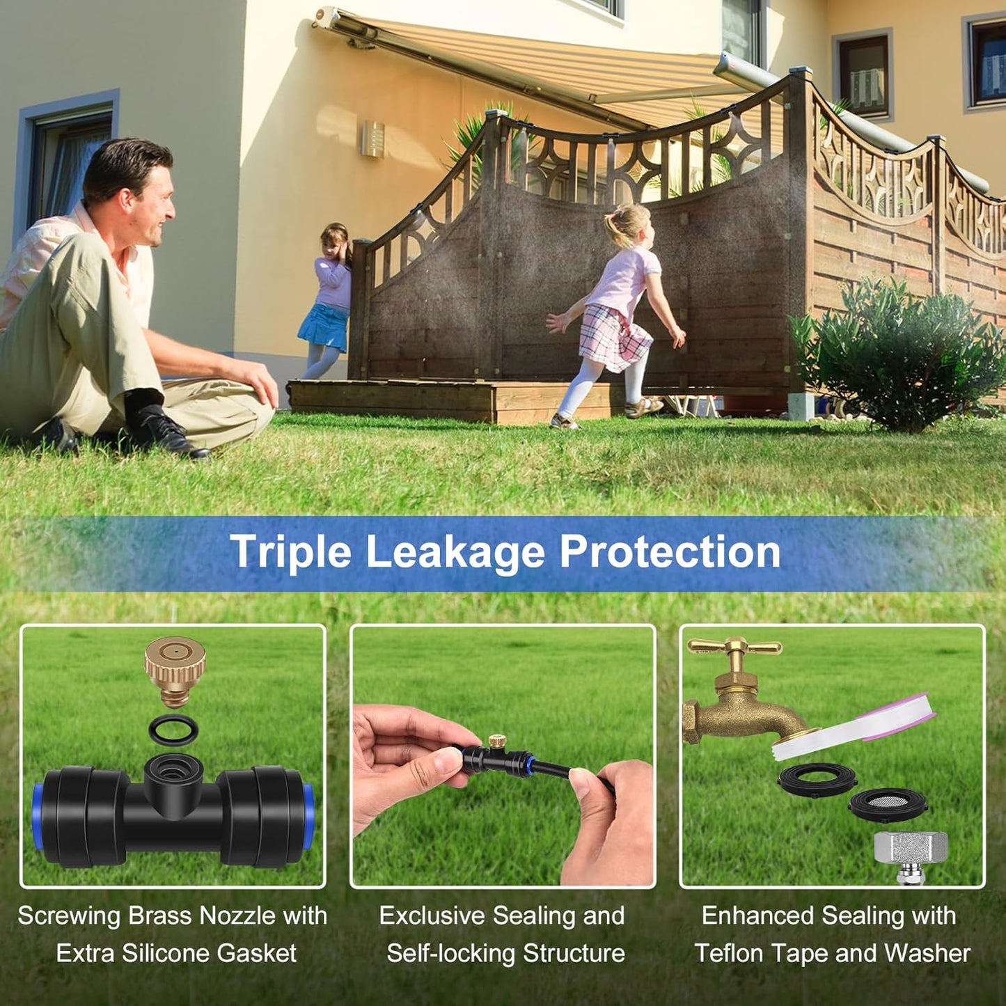 GOXAWEE Misting System, 59FT (18M) Misting Line + 20 Brass Mist Nozzles + Brass Adapter(3/4"), Misters for Outside Patio Cooling Outdoor Garden Greenhouse Trampoline for Waterpark