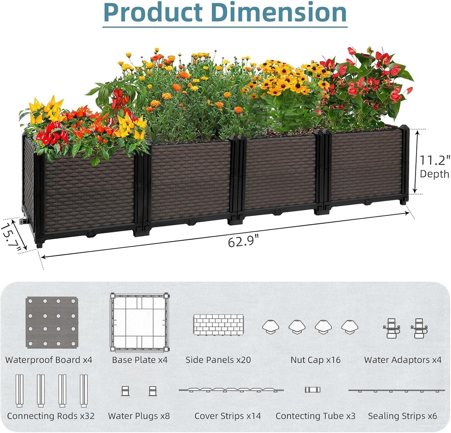 Large Raised Planter Box Outdoor Self Watering 62.9"x15.7"x14.2" , Deep Raised Garden Bed - Elevated Garden Box with Drainage Plug, Rectangular Garden Planter Perfect for Patio Balcony Deck