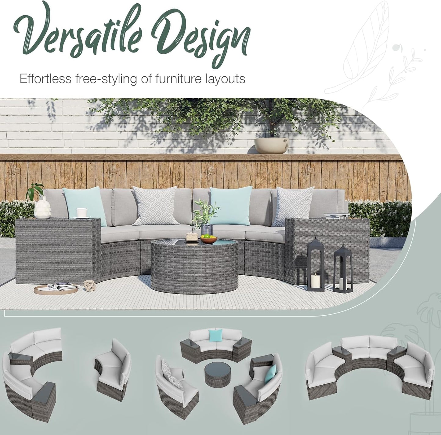 SUNSITT Outdoor Patio 8-Piece Half Moon Curved Furniture Sofa Set Grey Wicker Sectional Sofa Light Grey Cushions with 2 Side Table