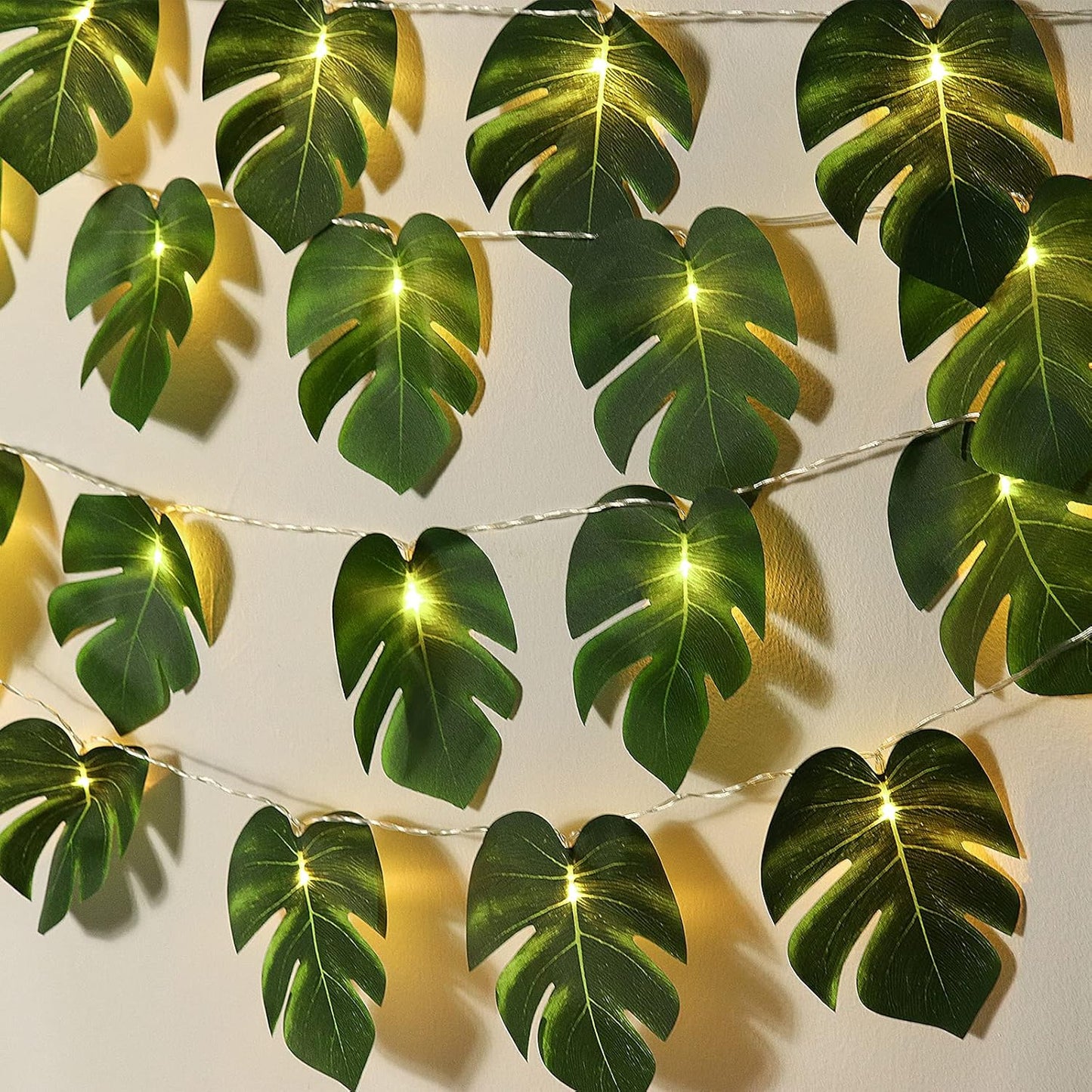 RECUTMS Monstera Leaf String Lights 2 Pack, 20LED Tropical Artificial Rattan Palm Green Leaves Wall Hanging Vine Greenery,Outdoor Indoor Hawaiian Luau Jungle Safari Beach Theme Party Summer Decoration