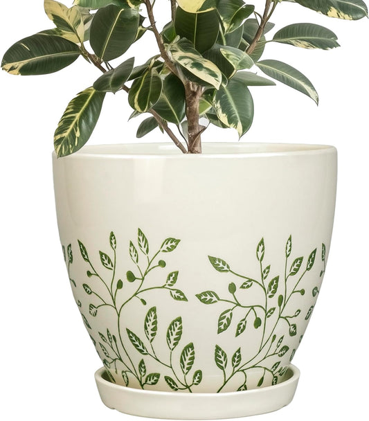10 Inch Ceramic Planter - Ceramic Plant Pot for Indoor Outdoor Plants, Boho Round Indoor Flower Pot with Drainage Hole and Saucer, Gifts for Plant Lovers, Home Garden Apartment Decor, White